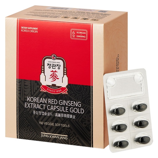 [BRSREFQYOEORAYD2] JUNG KWAN JANG Korean Red Ginseng Extract Capsule Gold - Vegan Energy Supplements - No Caffeine & Non-GMO (600mg, 150 Capsules)