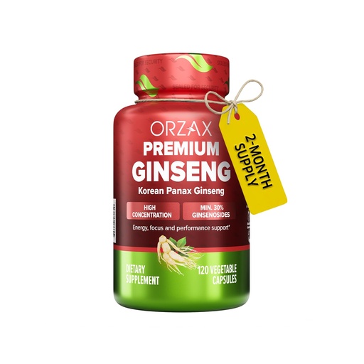 [BRSW2GL7DINBSCL2] ORZAX Korean Panax Ginseng Capsules with 30% Ginsenosides for Performance & Energy Supplements for Women and Men - Red Ginseng for Enhanced Focus (120 Veg Capsules)