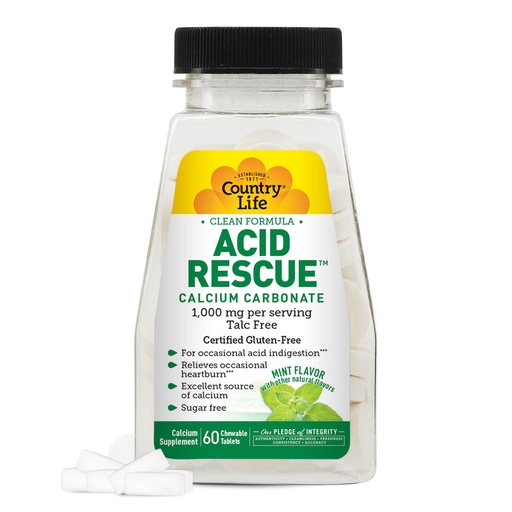 [BRSWGEALC57QEC3J] Country Life Acid Rescue Chewable Tablets - Certified Vegan & Gluten-Free Heartburn Relief, 400mg Calcium & Magnesium, Non-GMO, Sugar-Free Mint Flavor, Supports Bone Health, 60 Count