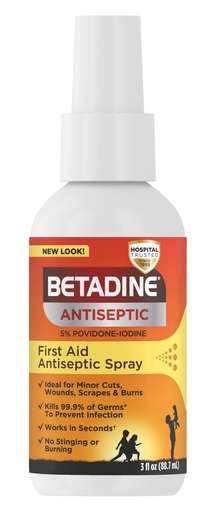 [BRSWKEL5PIABYDAZ] Betadine Antiseptic First Aid Spray, Povidone-iodine 5%, Infection Protection, Kills Germs In Minor Cuts Scrapes And Burns, No Sting Promise, No Alcohol or Hydrogen Peroxide, 3 FL OZ