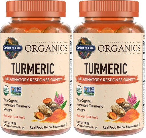 [BRSRGGQKOUIAA23L] Garden of Life Organics Turmeric Inflammatory Response Gummy - 120 Real Fruit Gummies for Kids & Adults, 50Mg Curcumin (95% Curcuminoids), No Added Sugar, Organic, Non-GMO, (Pack of 2)