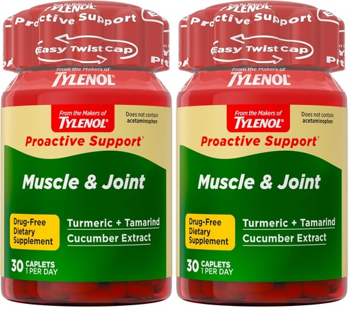 [BRSRECQRBV7WACTL] Tylenol Proactive Support* Muscle & Joint Supplement, Drug-Free Daily Turmeric Supplement + Tamarind + Cucumber Extract, Improves Joint Comfort & Flexibility in 5 Days*, 30 ct (Pack of 2)