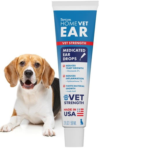 [BRSREGAROANAA2A6] TropiClean HomeVet Medicated Ear Drops for Dogs, Vet Recommended Yeast & Fungal Treatment, Daily Dog Ear Cleaner, USA Made, 2 oz