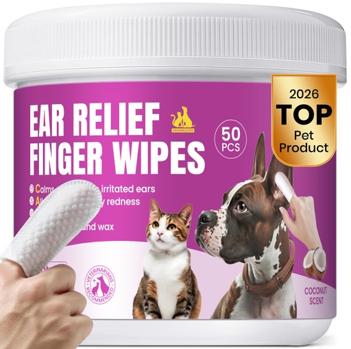 [BRSREZT5OYBWAAY4] Pet Ear Cleaning Finger Wipes for Dogs & Cats - Dog Ear Cleaner with Aloe, Coconut Oil & Ginseng - Finger Dog Ear Wipes to Relieve Ear Itching, Infections, Wax & Smelly Ears - 50 Ct - Coconut Scent