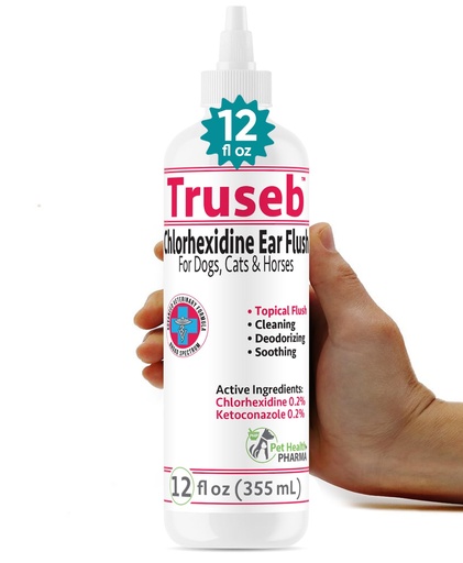 [BRSWGBIKDIMQ4GTP] Truseb Maximum Strength Dog Ear Infection Treatment Flush, Cat & Dog Ear Cleaner Solution Medicated with Chlorhexidine & Ketoconazole Helps with Ear Itching Redness Swelling (12 oz)
