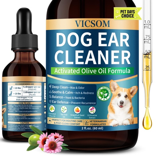 [BRSRGZQTCQIBGYLF] VICSOM Dog Ear Infection Treatment Drops, Natural Dog Ear Cleaner Ear Drops for Itch Relief, Support Wax, Odor & Yeast Infection, Dog Ear Cleaning Solution with Ozonated Olive Oil, 60ml