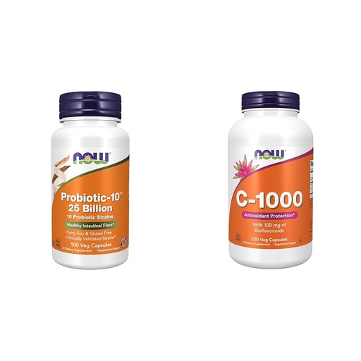 [BRSROCYKPMIBEDLH] NOW Supplements, Probiotic-10™, 25 Billion, with 10 Probiotic Strains, Dairy, Soy and Gluten Free & Supplements, Vitamin C-1,000 with 100 mg of Bioflavonoids, Antioxidant Protection*, 250 Capsules