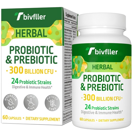 [BRSROBLYCV6QA3LP] Probiotics for Women Men- 300 Billion CFU, 24 Strains Probiotic+15 Organic Herbs Prebiotics Blend, Pre and Probiotics, for Digestive Health, Immune & Gut, Diarrhea, Bloating, Vegan, 2 Month Supply