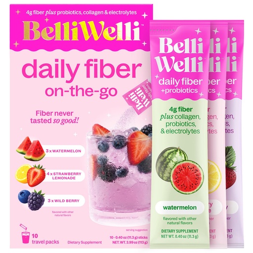 [BRSREYD4OEARGDT5] Belli Welli Daily Fiber Supplement Packets with Collagen, Probiotics & Electrolytes | Single Serve Packets for Gut Health, Digestion & Debloating | Variety | 10 Count