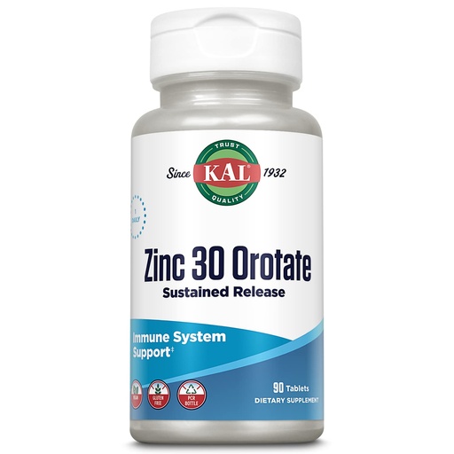 [BRSWKZYHDEFREYA3] KAL Zinc Orotate 30mg, Sustained Release, Chelated Zinc Tablets, Immune Support Supplement, Protein Synthesis, Metabolism, Energy Support, Vegan, Gluten Free, 60-Day Guarantee, 90 Servings, 90 Tablets