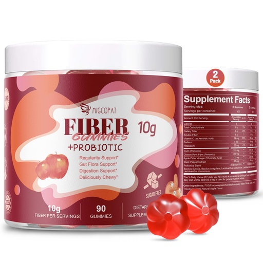 [BRSRACAHC4HWE3LV] Migcopat Sugar Free Fiber Supplement, 10g Fiber Gummies for Adults, Apple Flavor with Probiotics, Vitamin C, ACV, Inulin, Support Digestive Health, 90 Count (Pack of 2)