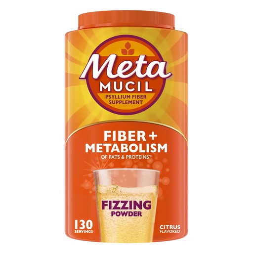 [BRSREEAZCN6GM33P] Metamucil Fizzy Fiber Supplement + Metabolism, Plant Based Psyllium Fiber Powder with B12 for Metabolism of Fats and Proteins, Daily Supplement for Regularity, Citrus Flavored Sugar-Free, 130 Serving