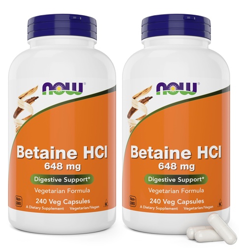 [BRSROBQ2AACG23L5] Now Betaine HCl 648mg 240 Veg Capsules (Pack of 2) - Digestive Enzymes Supplement - Enhanced with Pepsin Protease for Protein Digestion Support