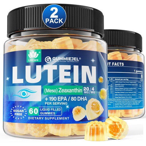 [BRSRAAILDIIBS332] 2 Pack Sugar Free Lutein 20mg 40mg and Zeaxanthin Gummies for Eyes with EPA 190mg & DHA 80mg, Eye Vitamins Filled Gummies Plus Bilberry, Goji Berry & Saffron, Eye Health Supplements for Adults - Vegan