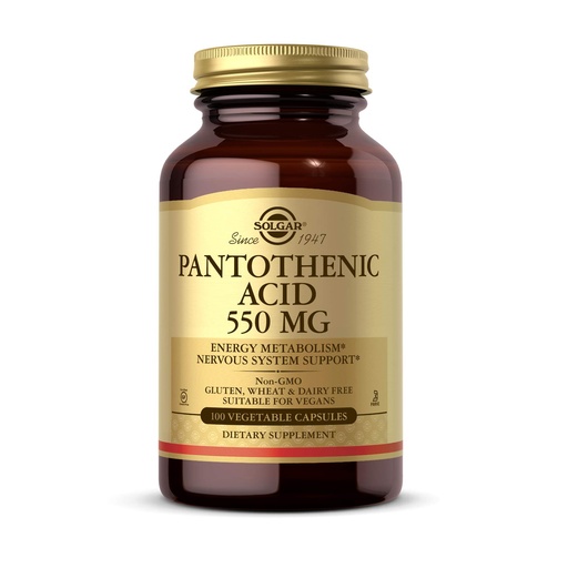 [BRSWIYT3OMABM2LC] Solgar Pantothenic Acid 550 mg Vegetable Capsules Vitamin B5 Energy Metabolism Nervous System Support Gluten Free Dairy Free Kosher Servings, Standard Packaging, 100 Count