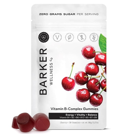 [BRSREYITO4HAGA3K] Barker Wellness Vegan B-Complex Gummies – Comprehensive Energy & Metabolism Boost with B1, B5, B6, B7 Biotin, B9 Folate, B12 | Sugar-Free Cherry Flavor for Daily Focus & Vitality