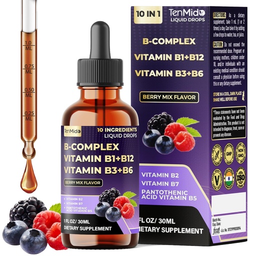 [BRSREGAEAECQGYAZ] 10in1 Vitamin B Complex Liquid Drops with B1 Thiamine, B12 Methylcobalamin, B2 Riboflavin, B3 Niacinamide, B5 Pantothenic Acid, B6 Pyridoxine, B7 Biotin and More - 30ml 1 Fl Oz