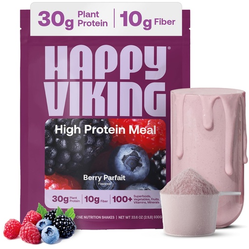 [BRSRE23QDEIAEH33] Happy Viking Plant-Based Protein Powder +100 Superfoods Berry Parfait Meal Replacement Shake, Created by Venus Williams, 30g Plant Protein, 10g Fiber, Vegan, Gluten-Free, Non-GMO, 15 Meals