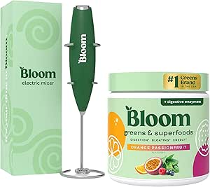 [BRSRAZQROIDQGCD5] Bloom Nutrition Superfood Greens Powder, Digestive Enzymes with Probiotics and Prebiotics, Gut Health, Bloating Relief, Orange Passionfruit + Milk Frother High Powered Hand Mixer