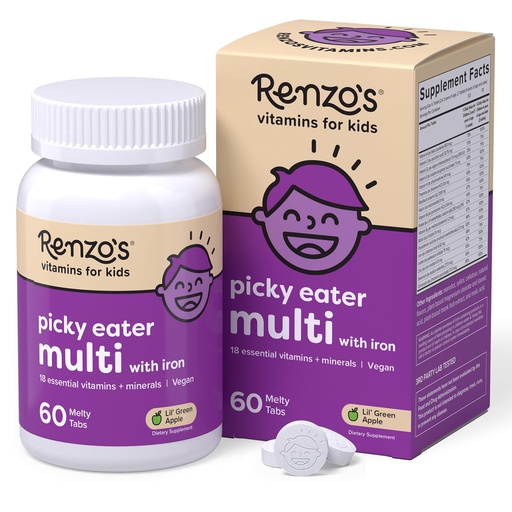 [BRSRMBQ5B4JWKC37] Renzo's Picky Eater Kids Multivitamin with Iron - Dissolvable Kids Vitamins with Iron, Zinc, Vitamin C, Vitamin D, E & K, Sugar-Free Melty Tabs, Green Apple Flavor, 60-Count (1-2 Month Supply)