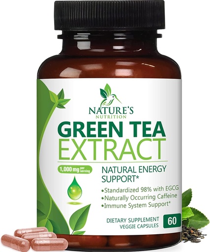 [BRSWKHDRCJ4Q2HD2] Green Tea Extract Capsules - 3X Strength Green Tea Extract 1000 mg Per Serving Pills with 45% EGCG & 98% Polyphenols for Natural Energy - Antioxidant Herbal Heart Support Supplement - 60 Capsules
