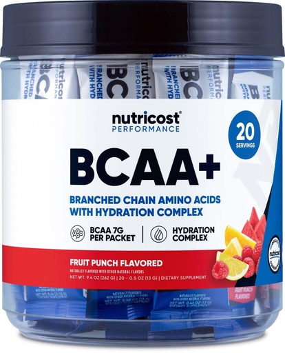 [BRSRAZIHB4CAAA3P] Nutricost BCAA+ Hydration Fruit Punch Flavor (20 Stickpacks) - Branched Chain Amino Acids with Hydration Complex - Gluten-Free, Non-GMO