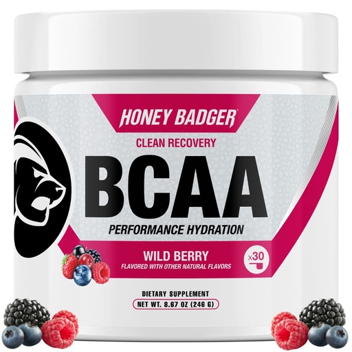 [BRSWGCYHPJ6GMCQ7] Honey Badger BCAA + EAA Amino Acids Powder, BCAAs + L-Glutamine, Keto, Vegan, Sugar Free for Men & Women, Hydration & Post Workout Muscle Recovery Drink Mix, Wild Berry, 30 Servings