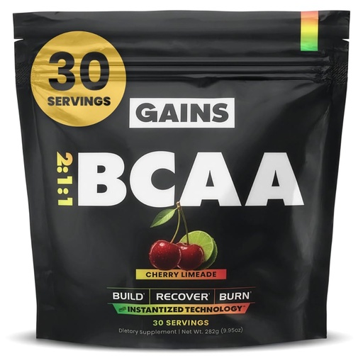 [BRSRG2YLCMBR6F3V] Gains in Bulk BCAA Powder, Pre Workout Plant Based Branch Chain Amino Acids, Gluten Free, Vegan Supplement with Keratin for Endurance & Strength During & Post Workout, Cherry Limeade, 30 Servings