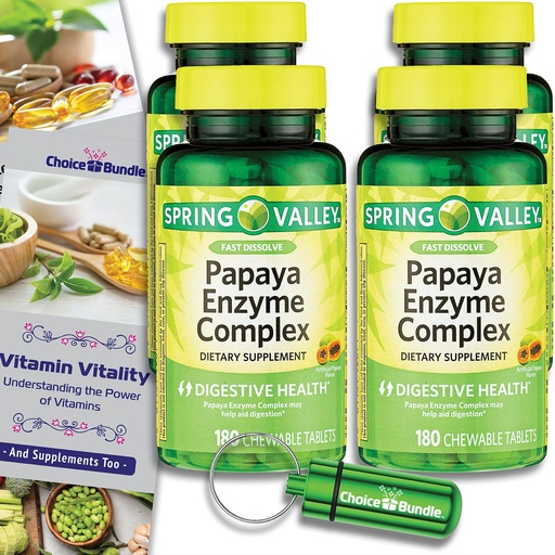 [BRSRECQHOV5W2HQ7] Spring Valley Papaya Enzyme Complex Chewable Tablets Digestive Health 180 Ct 4 pk (720 Total) + Vitamin Vitality & Pill Container (6 Items)!