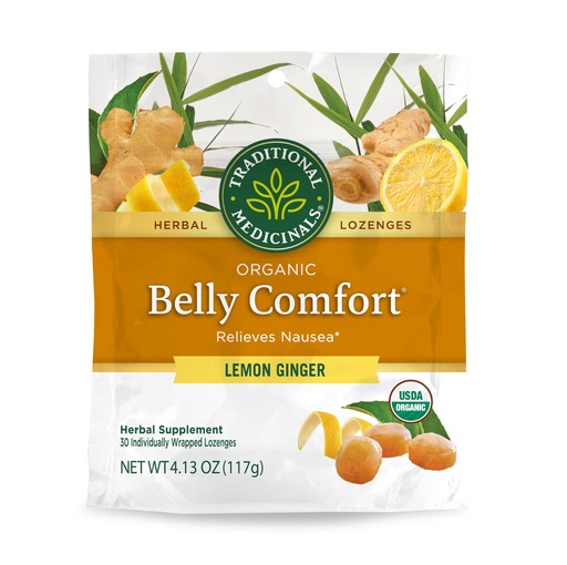[BRSWYZDQC54A2DL6] Traditional Medicinals Organic, Belly Comfort Lozenges, Lemon Ginger - Supports Nausea Relief and Occasional Indigestion - Non-GMO, Stimulant-Free - 30 Individually Wrapped Lozenges