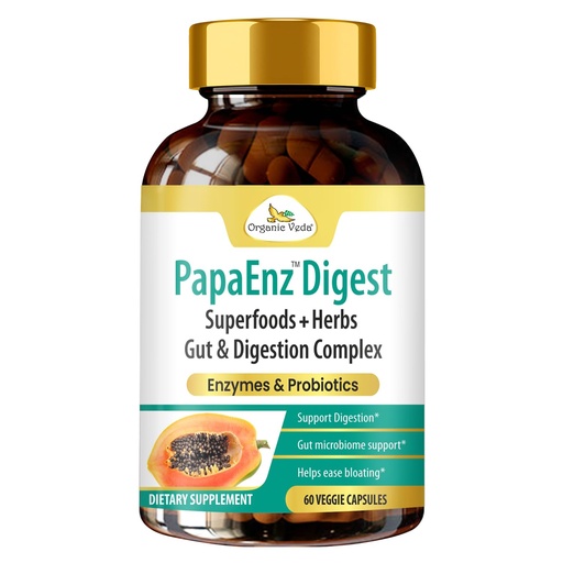 [BRSROCQZBYHAADQ6] Organic Veda PapaEnz Digest Capsules - Papaya, Papain, Bromelain & Multi Digestive Enzymes, Probiotics Supplement for Men & Women - Bloating Relief, Gut & Digestion Health Support – 60 Vegan Pills