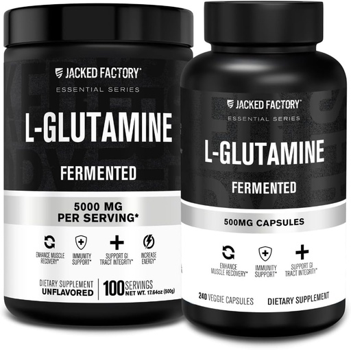[BRSRAGANBUARAH36] Jacked Factory L-Glutamine Powder 100 Servings & L-Glutamine Capsules 500mg (240 Capsules) for Post Workout Muscle Recovery, Immunity, Digestive Health