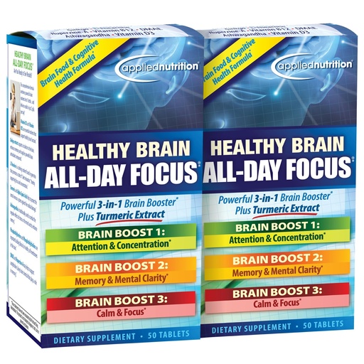 [BRSWYFDROF5GMYDG] Applied Nutrition Healthy Brain All-Day Focus - 50 Tablets, Pack of 2 - Powerful 3-in-1 Brain Booster with Turmeric Extract - 50 Total Servings