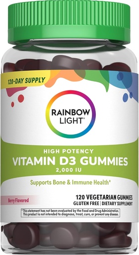 [BRSRMGQLDEIQYFAY] Rainbow Light Vitamin D Gummies, High Potency Vitamin D3 2,000IU Immune Health Support, Helps Support Strong Bones & Teeth, Gluten Free, Vegan, Berry, 120 Gummies