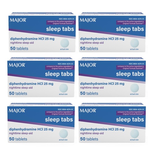 [BRSWIBD4CZ4QC3Q7] MAJOR Nighttime Sleep Aid Tablets, Diphenhydramine HCl 25 mg, for Adults with Trouble Sleeping, 50 Count (6-Pack)