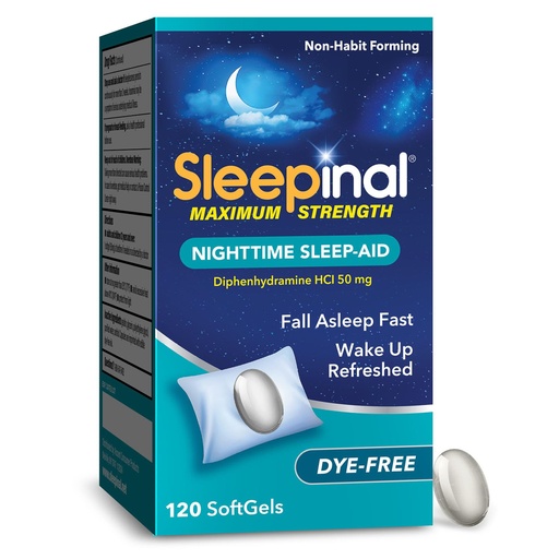 [BRSREEITBB4BEEQY] Sleepinal Maximum Strength Nighttime Sleep Aid, Diphenhydramine 50 mg, Dye-Free Soft Gels, Fall Asleep Fast, Non-Habit Forming Sleep Aids for Adults, 120 Count