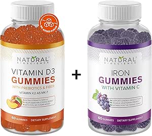 [BRSRAAQHAB7WO3Y4] Natural BioScience Sugar Free Vitamin D3 K2 Gummies 5000 IU & Iron Gummies with Vitamin C, Extra Strength, Immune Support, Bone Health, Heart Health, Energy Support, 60 Gummy Vitamins