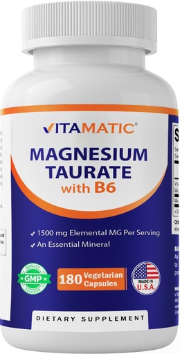 [BRSROAQ6DINGO2DO] Vitamatic Magnesium Taurate 1500mg per Serving - 180 Vegetarian Capsules (Provides 300 mg of Elemental Magnesium) - Added B6 for Maximum Absorption - Supports Muscle, Joint, and Heart Health*