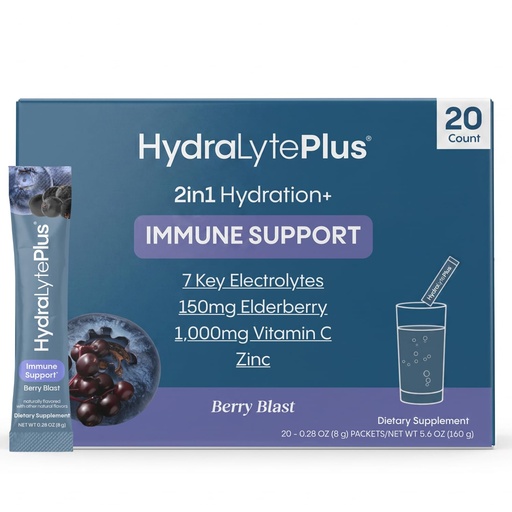 [BRSWYGI7AAPRQA3B] Hydralyte Electrolytes Plus Immunity, Elderberry - Low Sugar Rapid Rehydration Powder - Lightly Sparkling Electrolyte Powder Packets with 1,000mg Vitamin C and 300 mg Elderberry (8oz Serve, 20 Count)