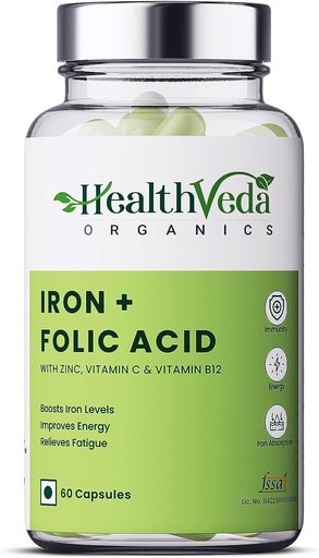[BRSRAFL3CQCAGHLA] Iron + Folic Acid Supplement with Zinc, Vitamin C & Vitamin B12 | 60 Veg Capsules | Supports,Immunity and Energy | Enhances Iron Absorption| for Both Men & Women