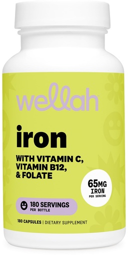 [BRSRGAYKBABGEALK] Wellah Iron Supplement for Women (65mg) 180 Capsules - with Vitamin C, Vitamin B12, & Folate