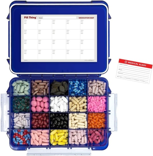 [BRSRAZIDOAJWME3O] 20 Compartment UV Protected Large Cobalt Blue Pill Case with Airtight Seal, Spill Proof, Silicone Gasket Waterproof Med Box with Medication Map (Cobalt Blue, 20 Compartment - 1 Pack)