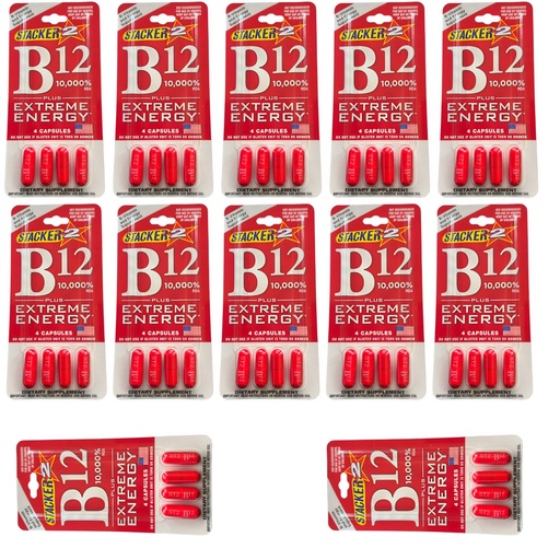 [BRSRGBIPBYNQMETL] Stacker B12 Extreme Energy Capsule 10,000 RDA Vitamin B Complex B12 B6 B3 B7 Vegan Cyanocobalamin, 10,000% DRV B6 Pyridoxine - 40mg B7 Biotin B3 Niacinamide 20mg (12 Pack - 48 Capsules, Capsule Count)