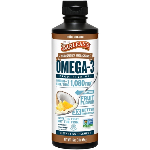 [BRSWIYIZCEABA2LC] Barlean's Omega 3 Fish Oil Liquid Supplement for Men and Women, 1080mg of EPA and DHA Fatty Acid, Promotes Brain & Heart Health - Non-GMO, Pina Colada, 16 oz