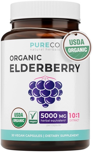 [BRSWYZD3OR7AYDL7] PURE CO Organic Elderberry 10:1 Extract 500mg Per 1 Capsule Serving - Vegan Black Elderberry Supplement for Immune Support, Allergy, Sinus Relief - Sambucus Nigra - 30 Caps