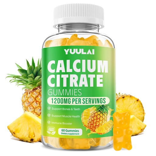[BRSREEIEOYNRSGQ6] Calcium Citrate Gummies 1200mg, Chewable Calcium Supplements for Women & Men, Sugar Free Calcium Gummies for Bone, Muscle & Immune Support, Pineapple Flavor, 60 Count