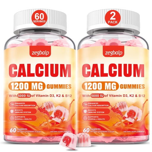 [BRSRACQCAADQOA34] Calcium 1200 mg with Vitamin D3 Supplement for Adults - Calcium Gummies with Vitamin D3 5000IU, K2, B12 for Women Men - Extra Absorption Calcium Citrate - Natural Strawberry Flavor, 120 Gummies
