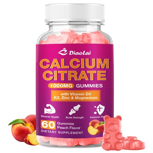 [BRSREZ34OEAQG2TK] Calcium Citrate Gummies - 1000mg per Serving - Supports Bone & Teeth Health with Vitamin D3 & K2 - Delicious Peach Flavor - Non-GMO, Gluten-Free - 60 Gummies