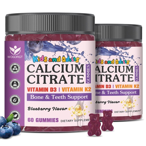[BRSRGALQAUNWOETZ] Kids Calcium Gummies - 600mg / 1200mg Calcium Citrate Gummies Supplement with Vitamin D3 & K2 for Kids & Adults - Bone, Teeth, Immune Support - Vegan, Sugar Free, Blueberry Flavor, 60 Ct (2Pack)