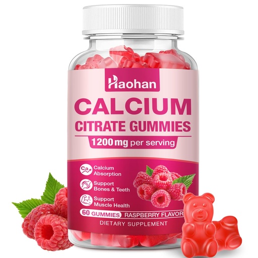 [BRSREGIZAV6AIYIY] Calcium Citrate Gummies 1200mg - Sugar-Free Chewable Supplement for Women & Men with Bone, Muscle & Immune Support - Raspberry Flavor, 60 Count
